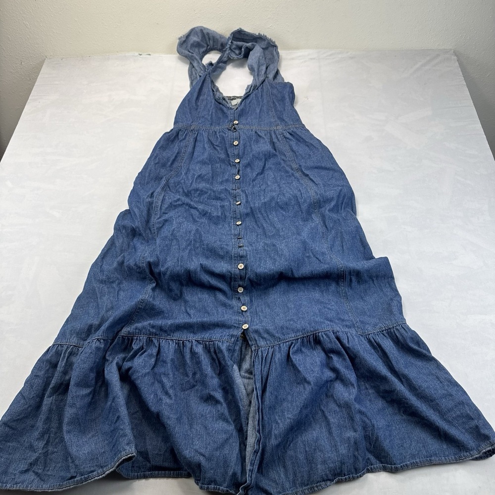 J Gee Women's Large Chambray Tiered Ruffle Button Up Dress w/Pockets Size Large